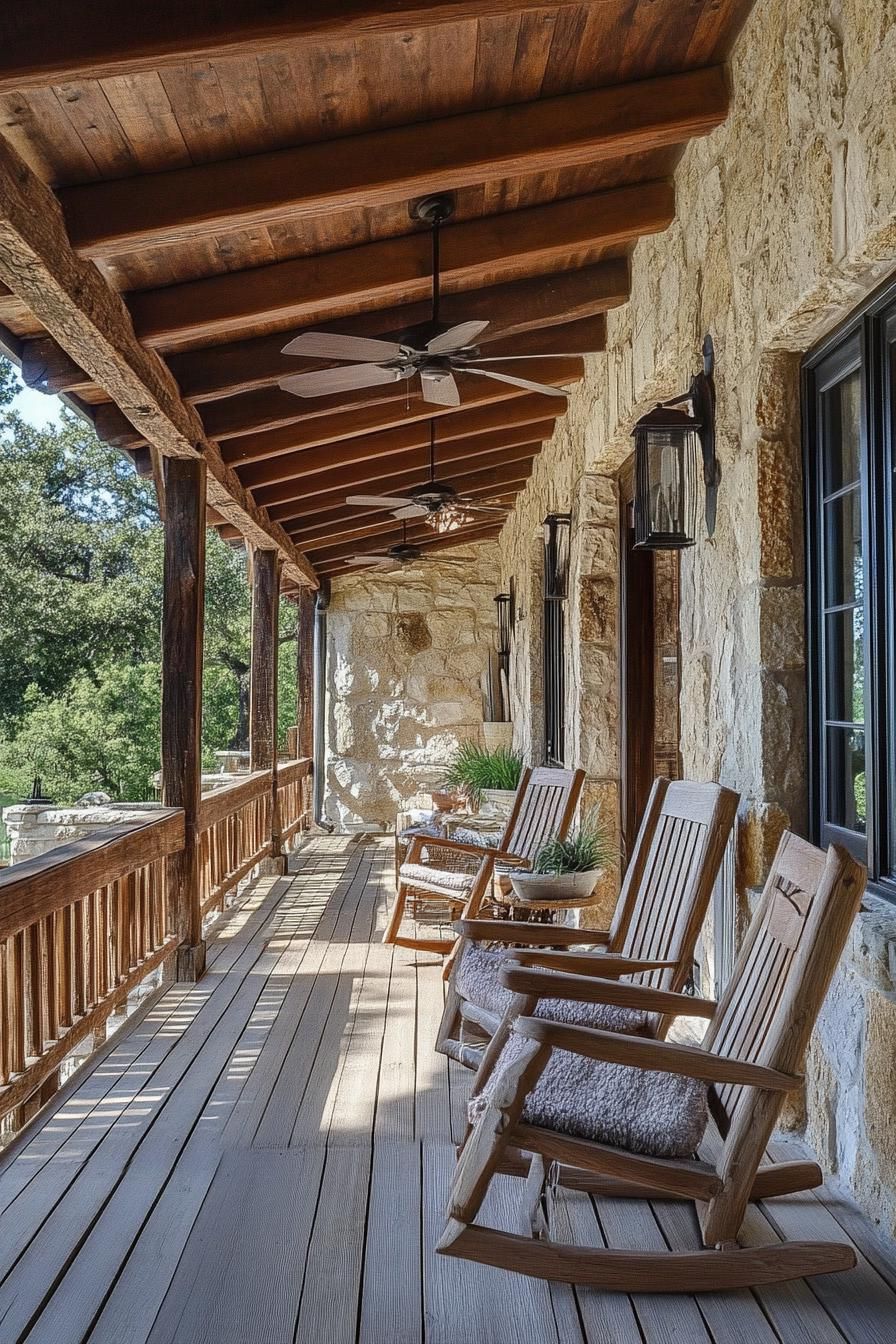 ranch house rustic porch stone wall ceiling fan wooden chairs