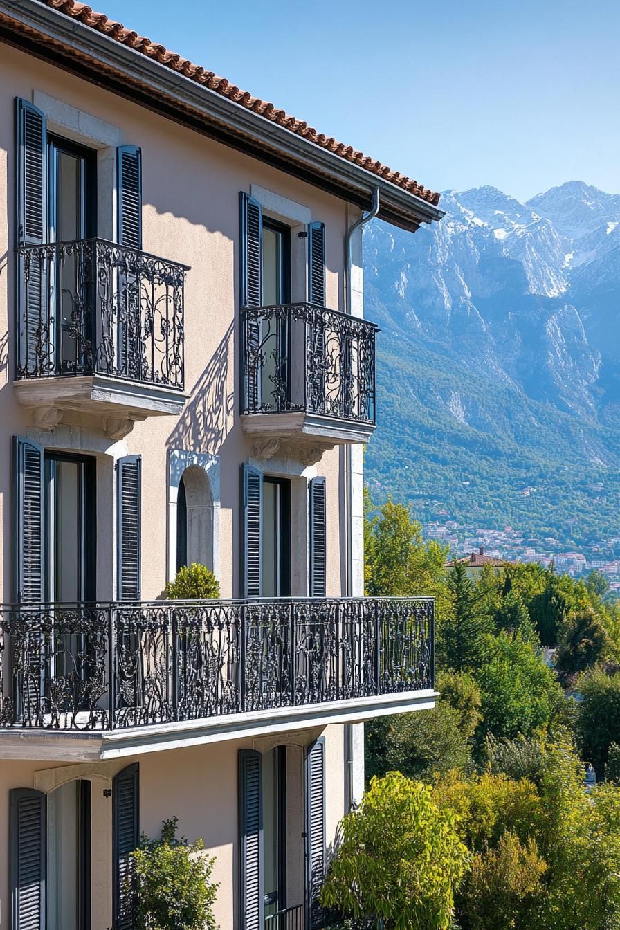 modern French mediterranean house facade with iron balconies the Alps in the background 2
