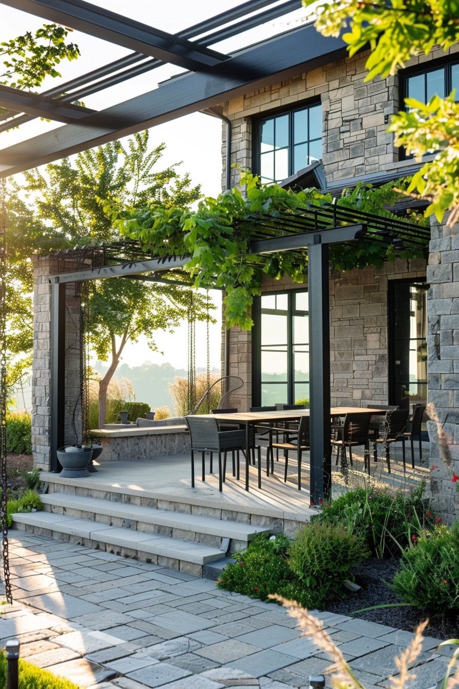 mediterranean house porch pergola with vines