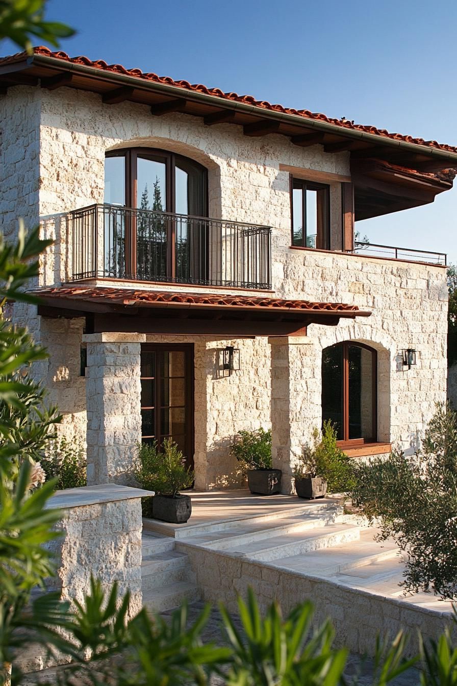 small modern mediterranean house with stone accents Italian shore town