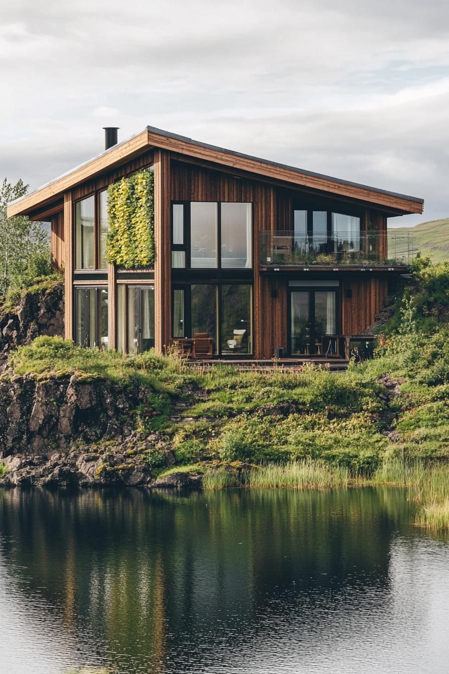 modern house with timber cladding and vertical wall gardens on a steep hill overlooking an Icelandic lake