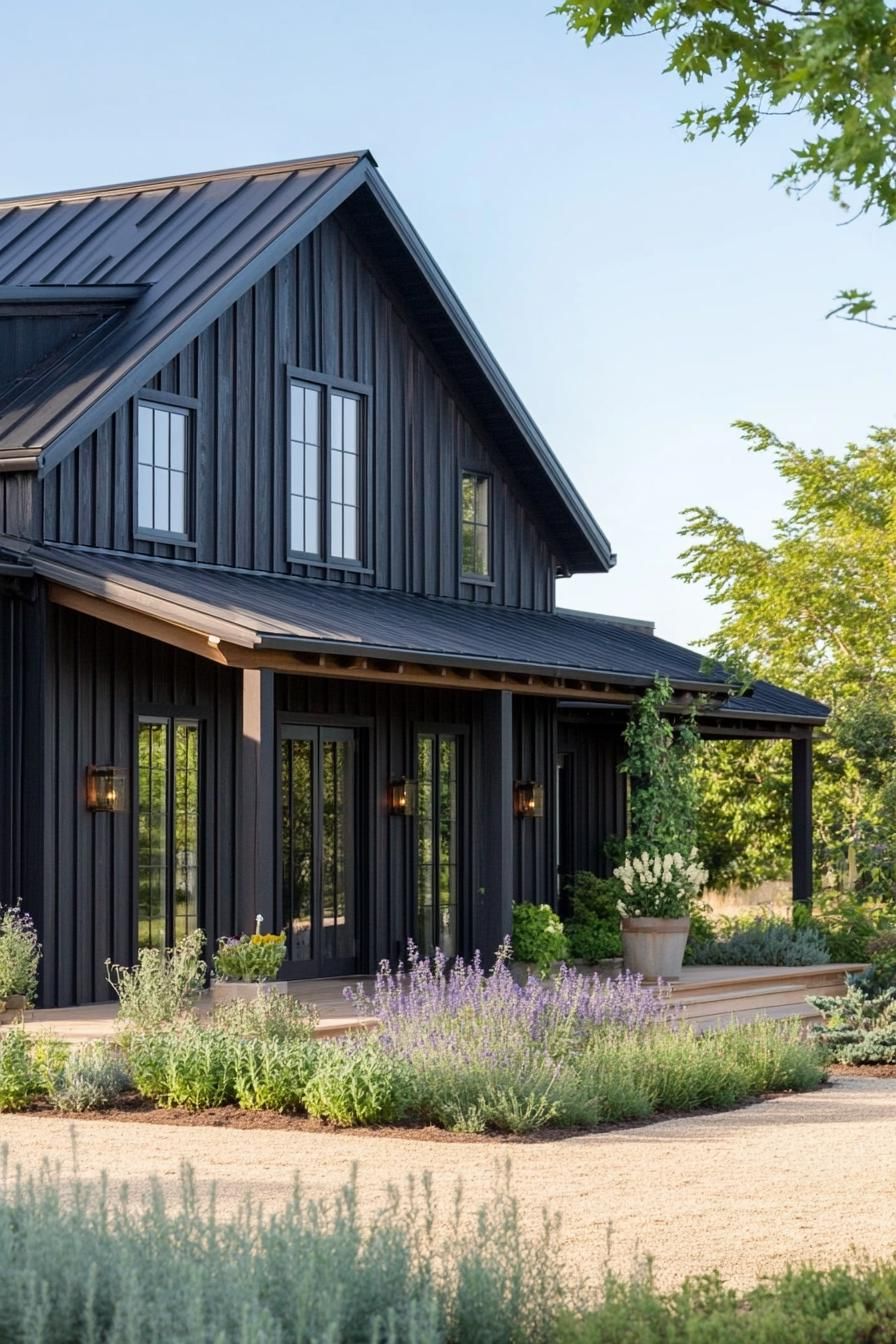 modern barndominium house facade of black stained wood with black trim beautiful farmhouse garden landscape 3