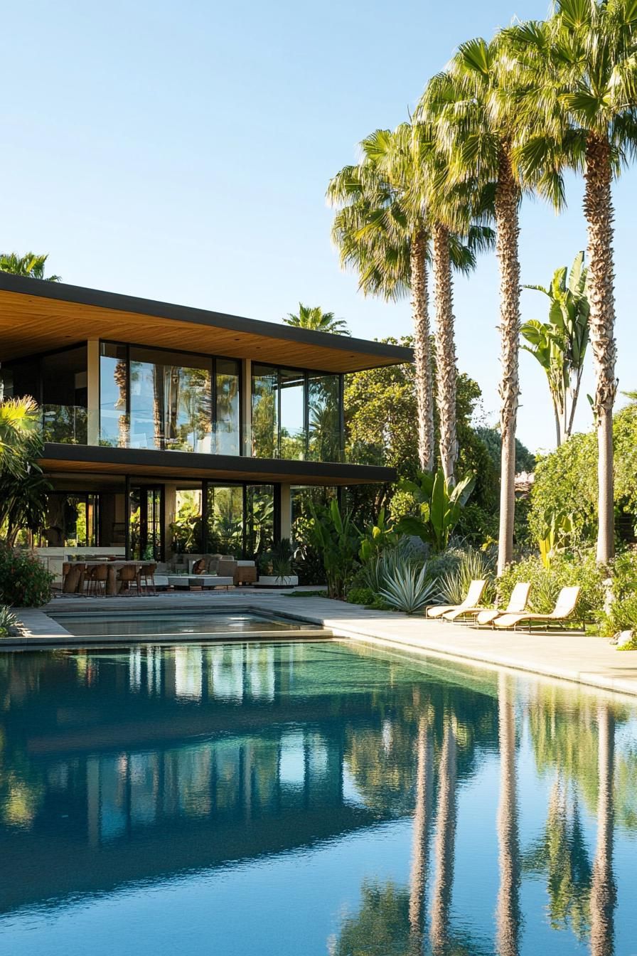 modern house with large pool wrapping around the house tall palms in the backyard 2