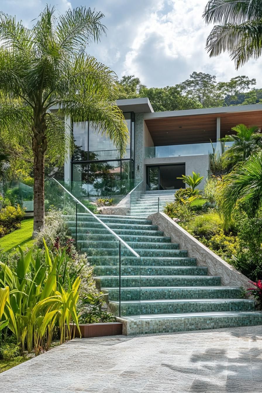 modern villa exterior front yard with glass staircase hillside tropical landscape 2