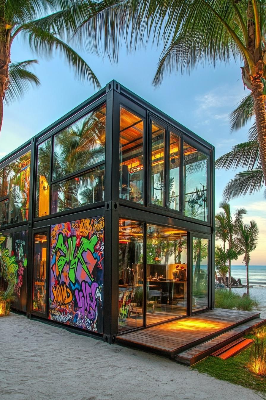modern prefab small shipping container house with graffiti art facade glass windows beachfront with tall palms 3
