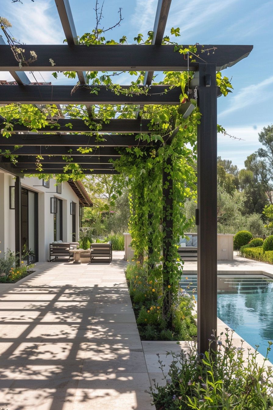 mediterranean house poolside pergola with vines