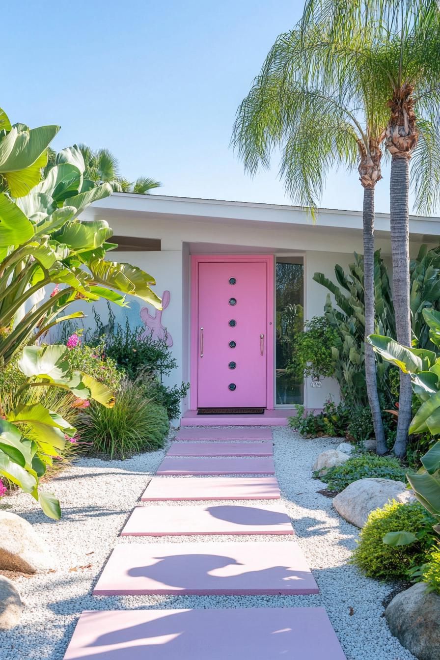 70s midcentury house facade front door in statement pink color front yard with tall palms