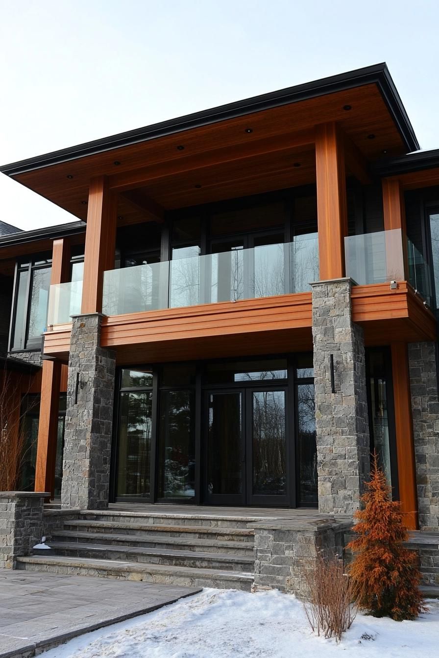 modern timber frame house facade with stone pillars and glass balustrades