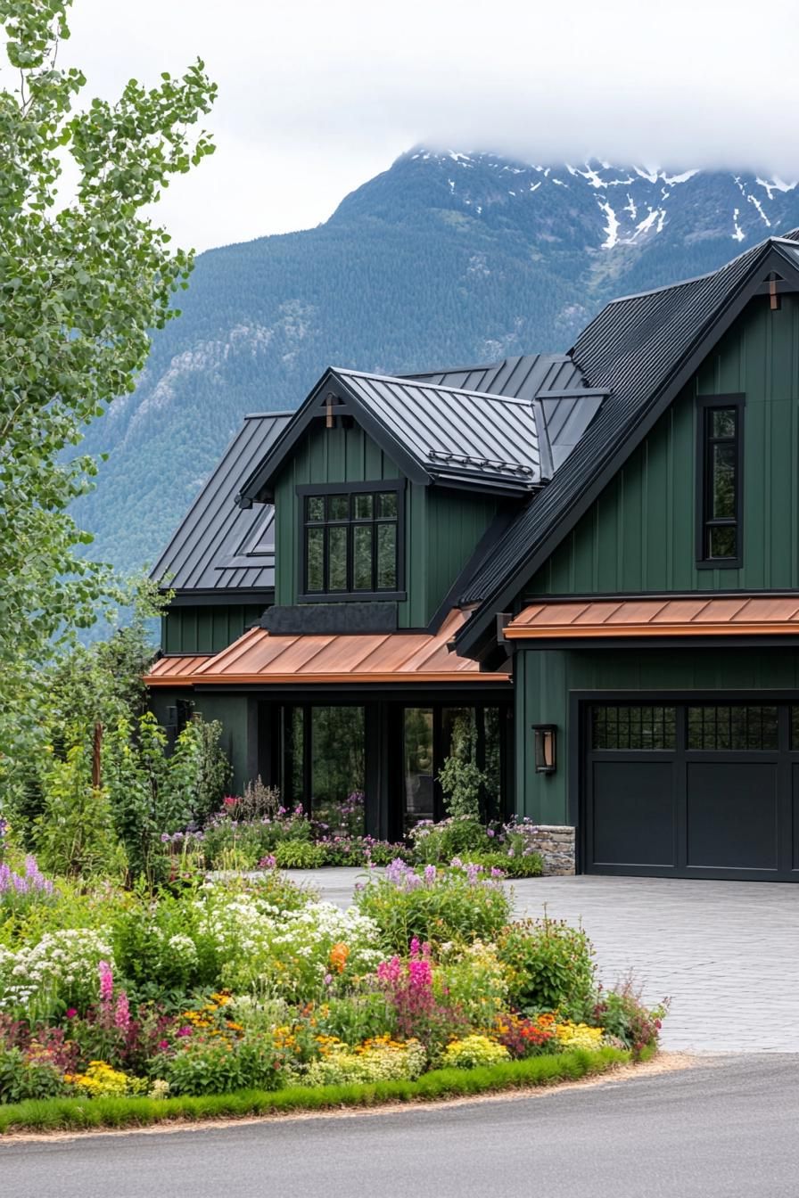 modern ranch style mountain house facade in emerald green siding dark grey roof with multiple gambrels copper gutters attahed garage with concrete 2