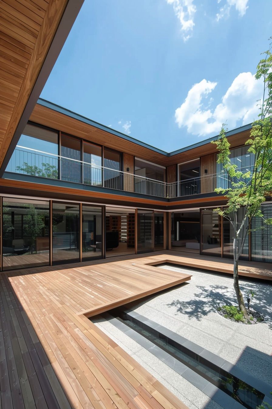 courtyard house wooden deck over concrete pavers