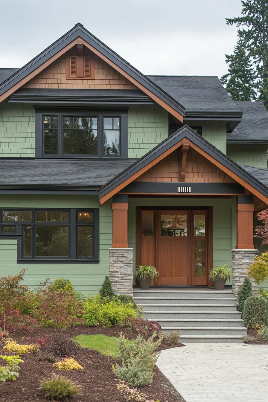 craftsman house with mint green siding dark multi pitched roof entryway with step and columns landscape with shrubs and small trees 1