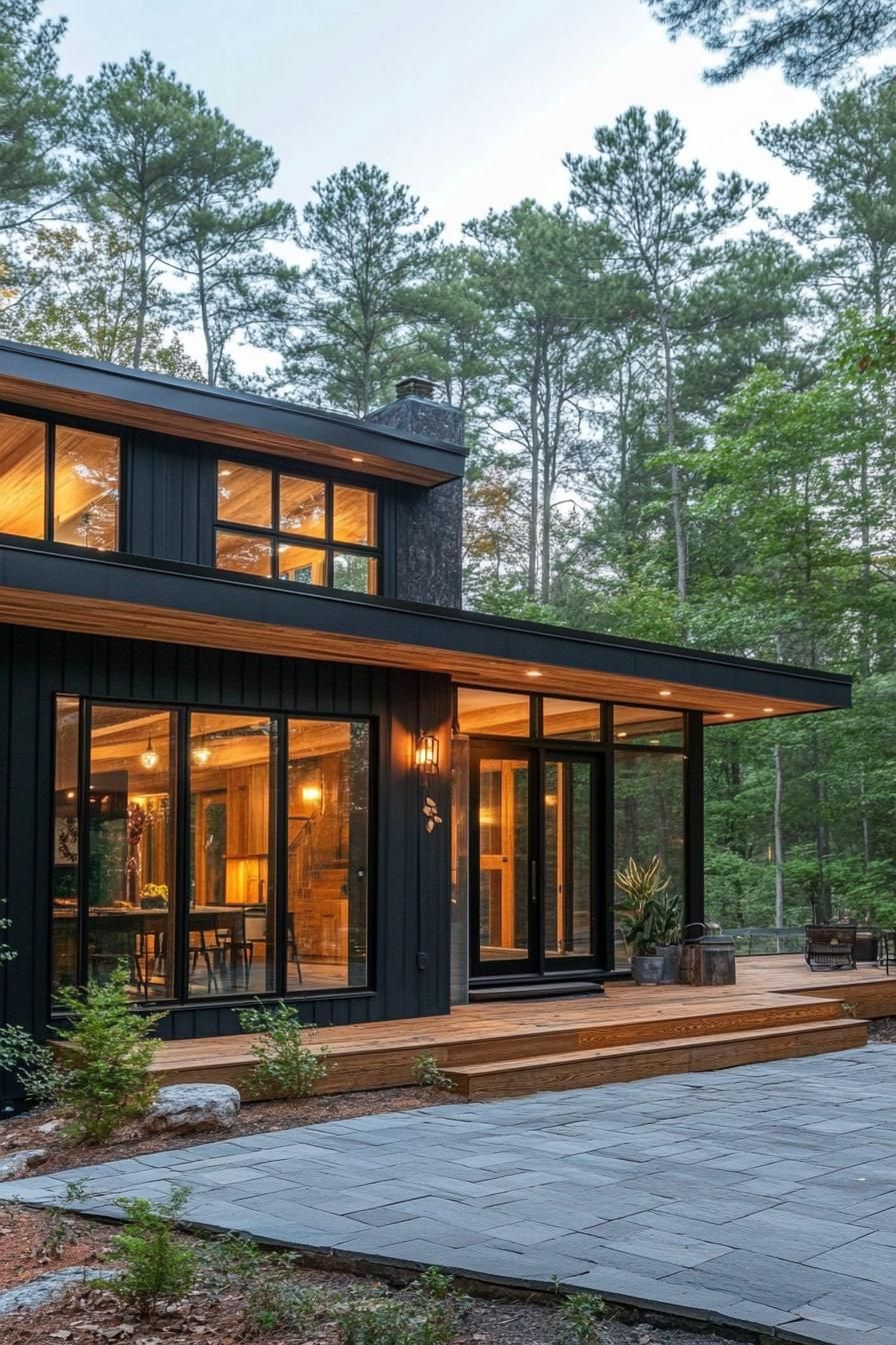 mid century modern black house two tone back and wood facade forest in far background 3