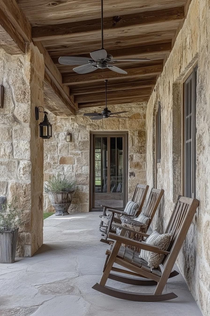 ranch house rustic porch stone wall ceiling fan wooden chairs 1