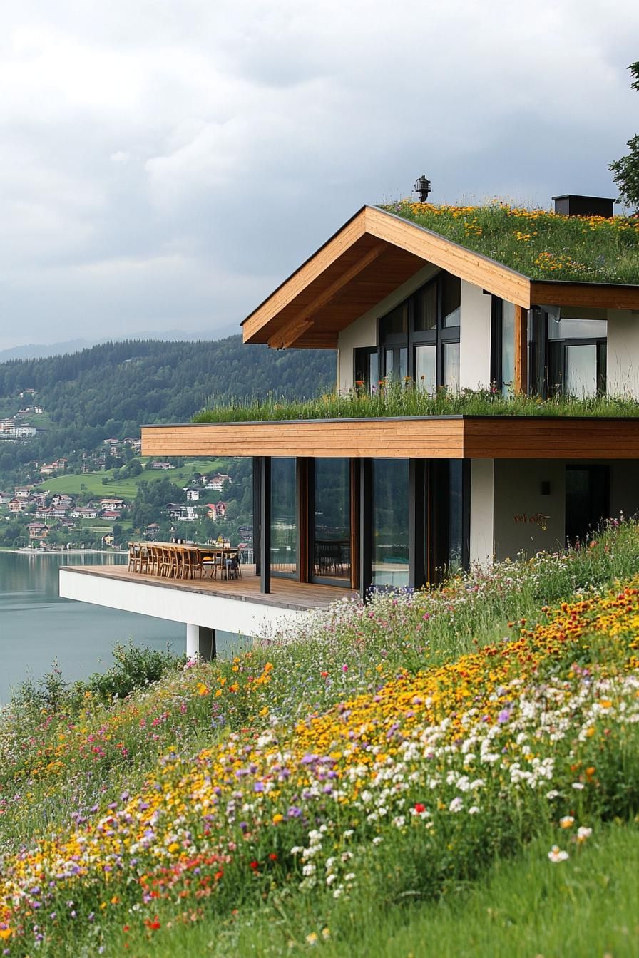 modern house with green roof with wildflowers on a hill overlooking a green lake