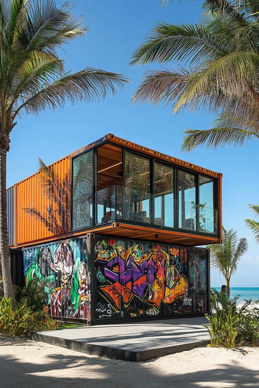 modern prefab small shipping container house with graffiti art facade glass windows beachfront with tall palms