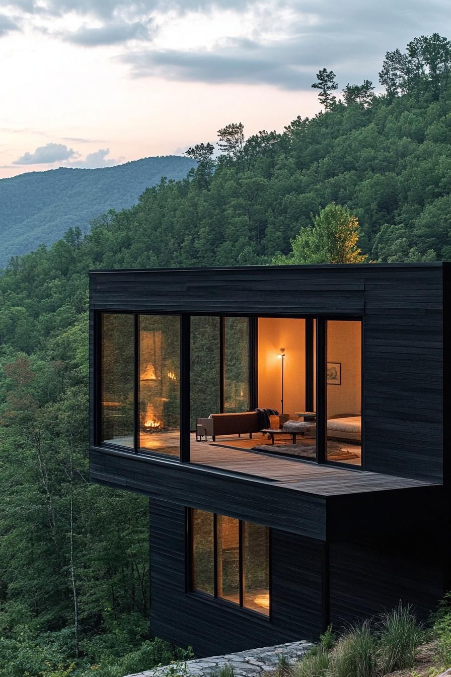 Modern Black Log Cabin With Floor-to-ceiling Windows