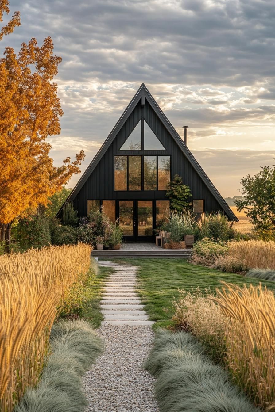 modern a frame farmhouse with green garden walls stunning farmland with wheat fields