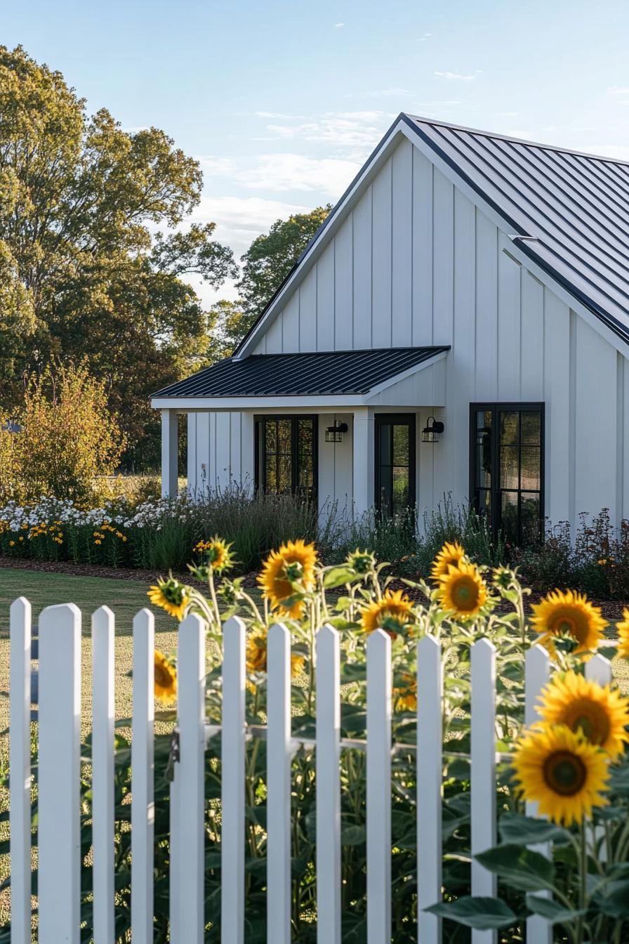 80s house modern makeover facade metal gable room shiplap cladding yard with white picket fence and a patch of sunflowers