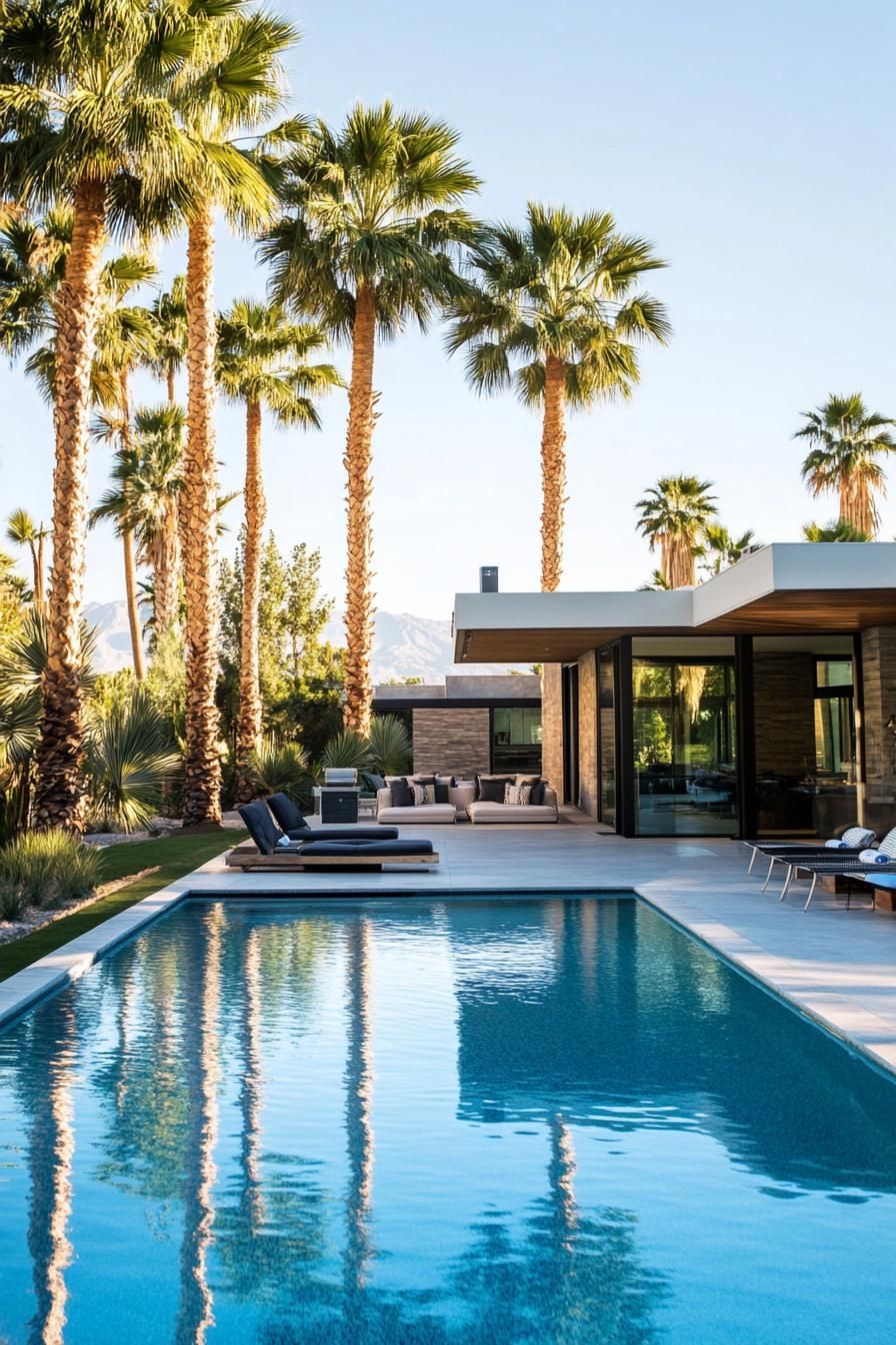 modern house backyard pool with poolside cabana landscape with tall palm trees 2