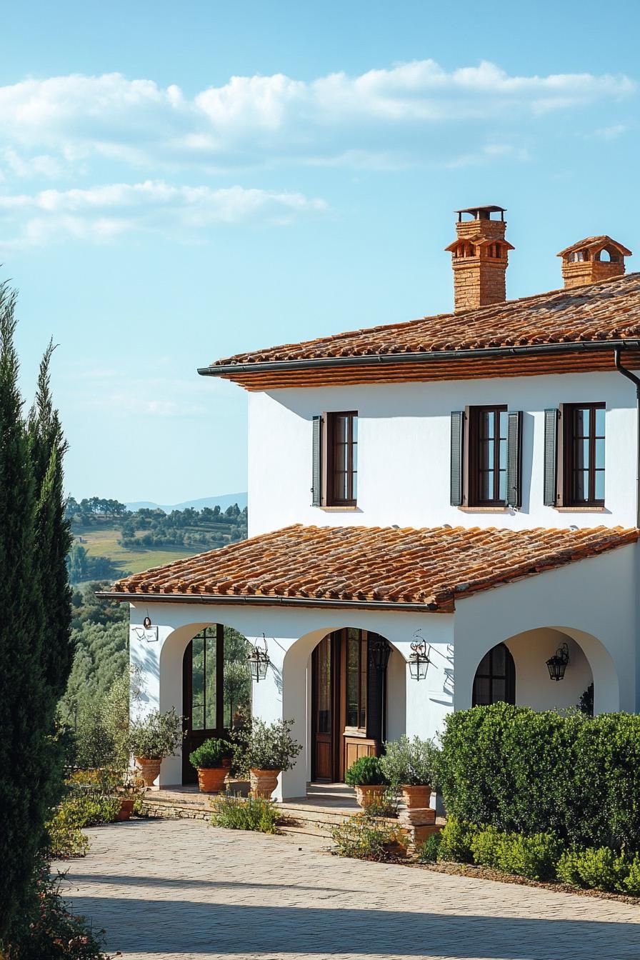modern Italian mediterranean house facade with terracotta roof Italian farmland landscape 3