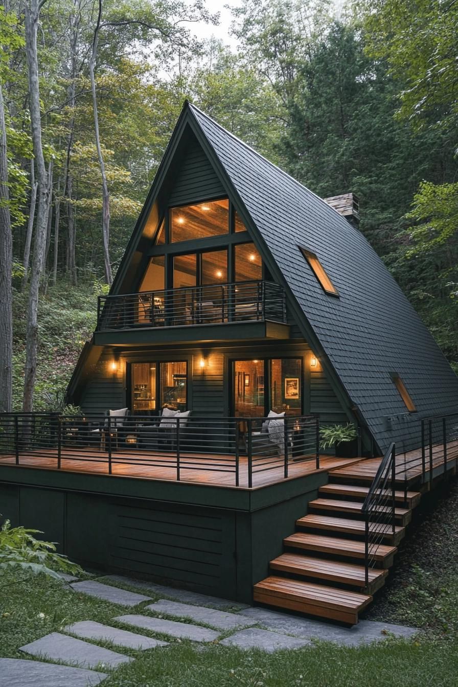 modern deep dark green a frame house with black shingle roof balcony with horizontal slat railing elevated deck at the front of the house same color 2