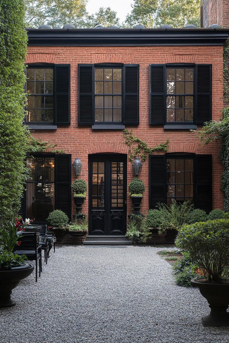 red brick house facade with black decorative shutters gravel courtyard 1