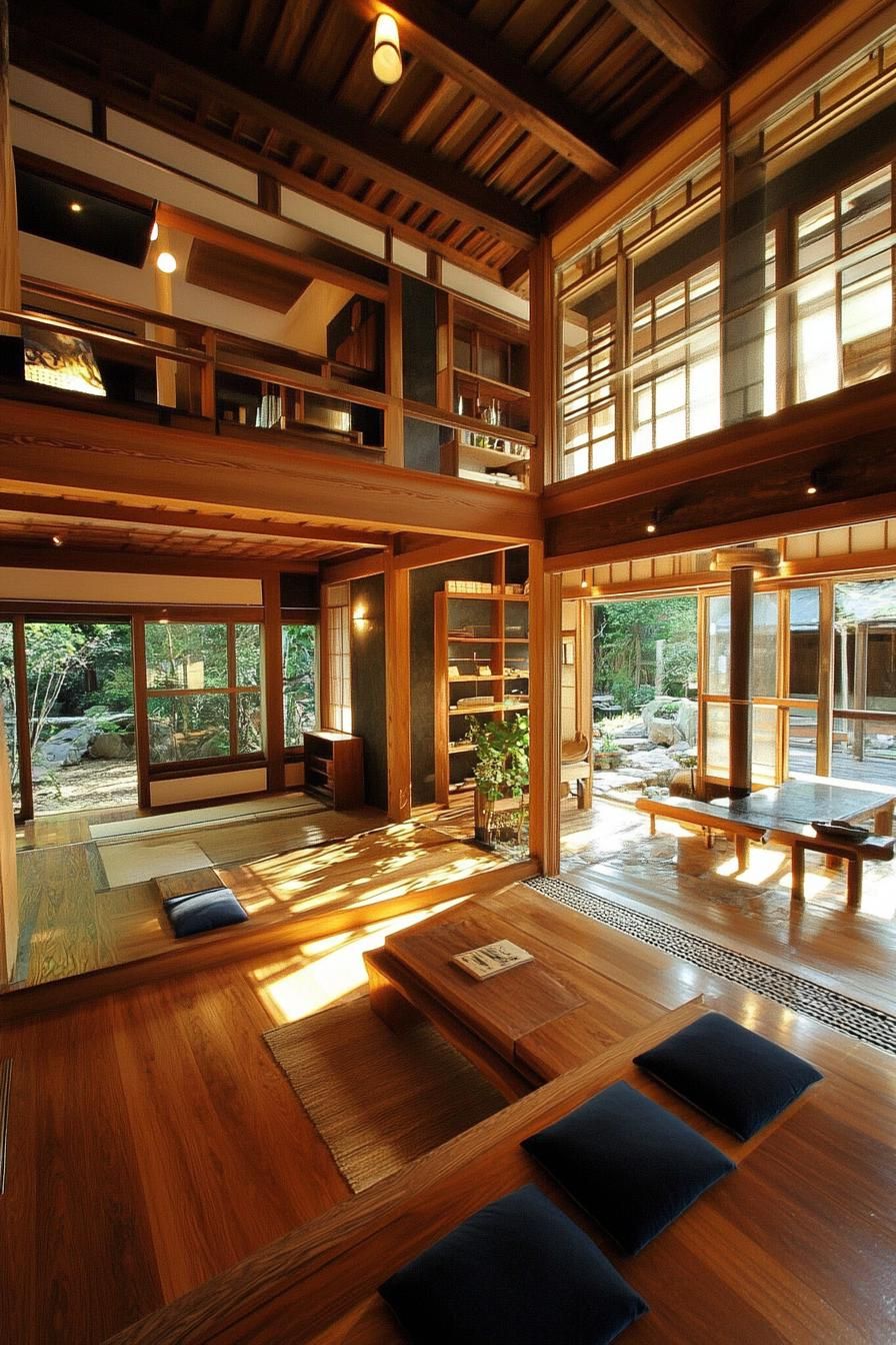 modern unique japanese style zen home with wooden beams and natural wood interior 3