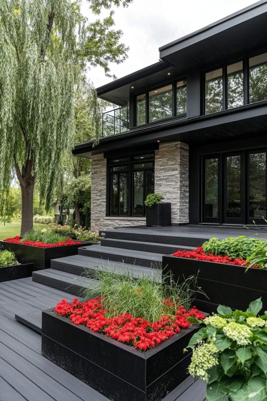 modern house with black deck with black planter boxes with red flowers front yard with willow trees 2