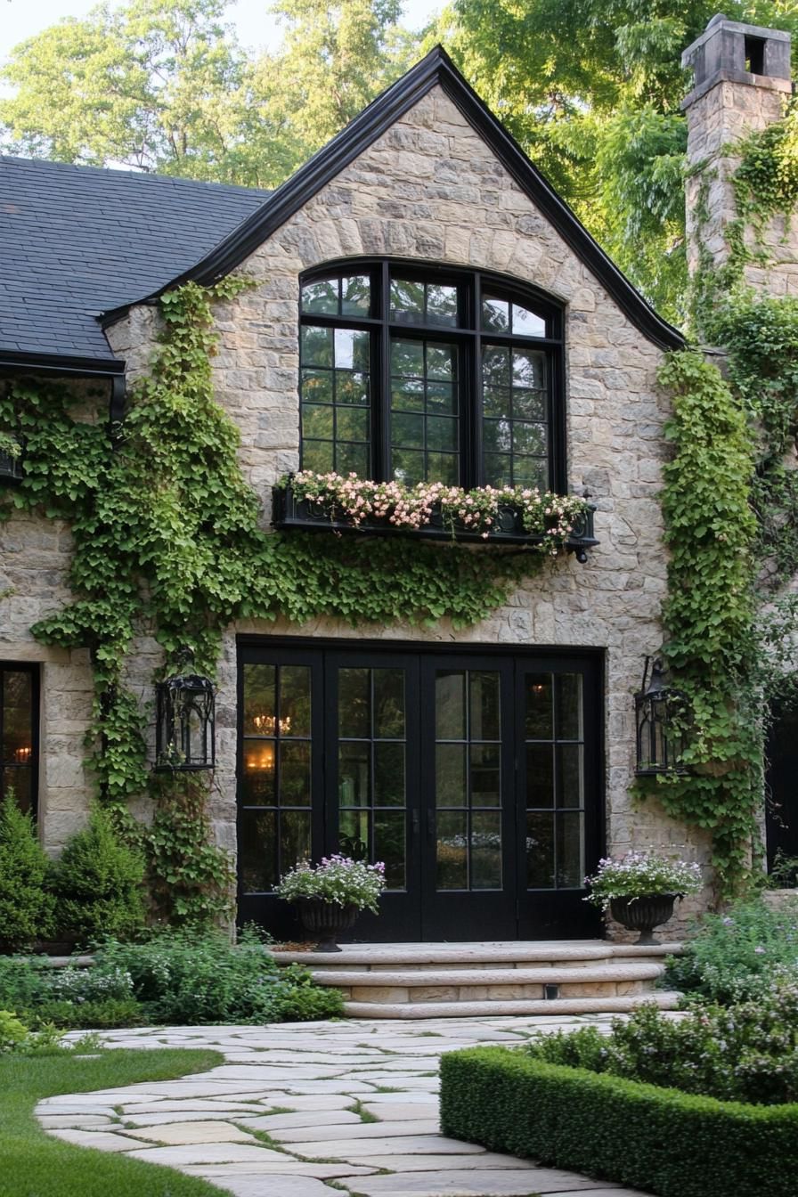 English cottage house pastel shade stone facade climber vines flower boxes under windows large black glass doors stone path along the facade with shrubs 2