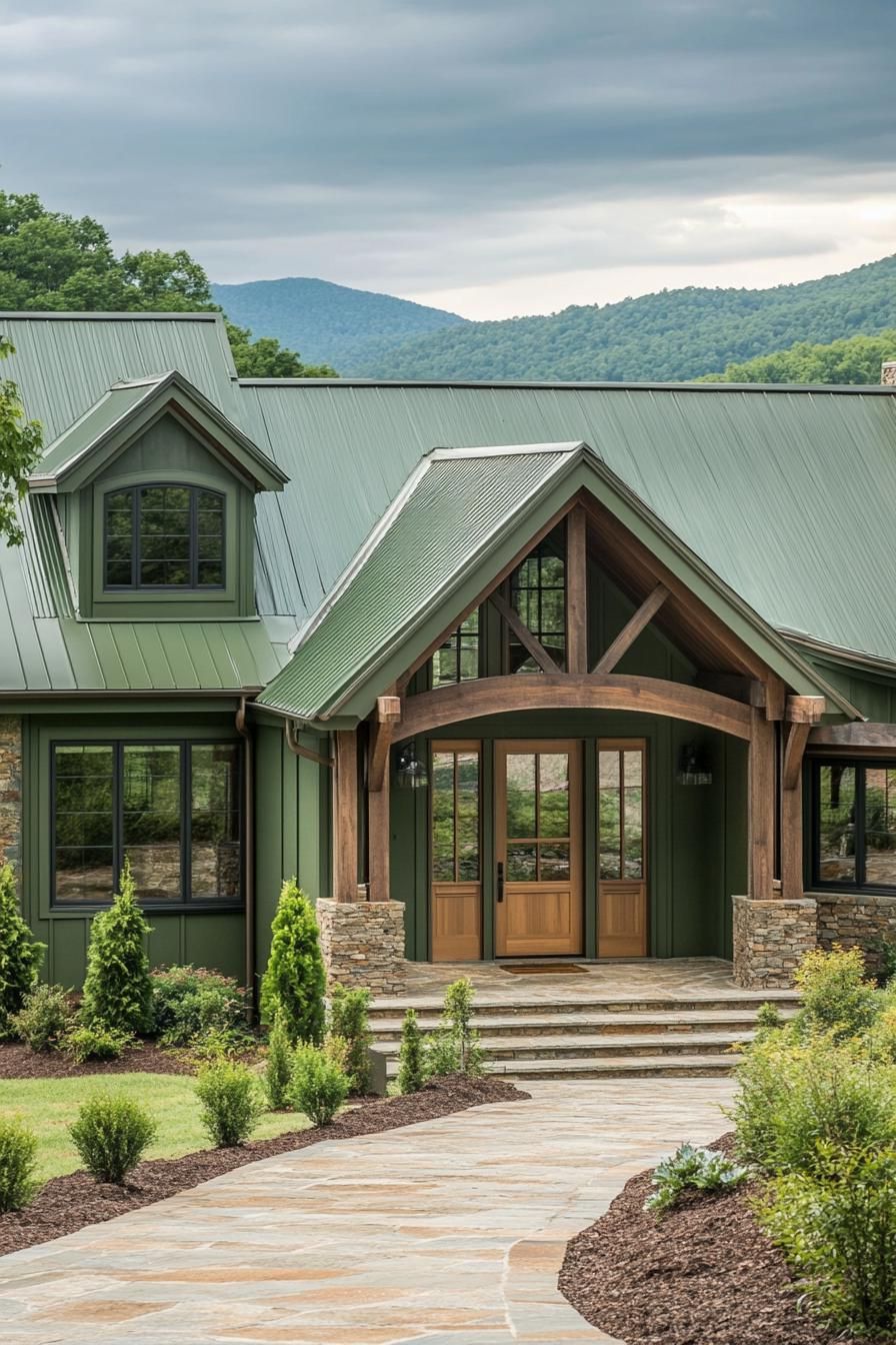 cottage style modern mountain house facade in olive green board and batten siding olive green roof natural wood front door with glass panels big 3