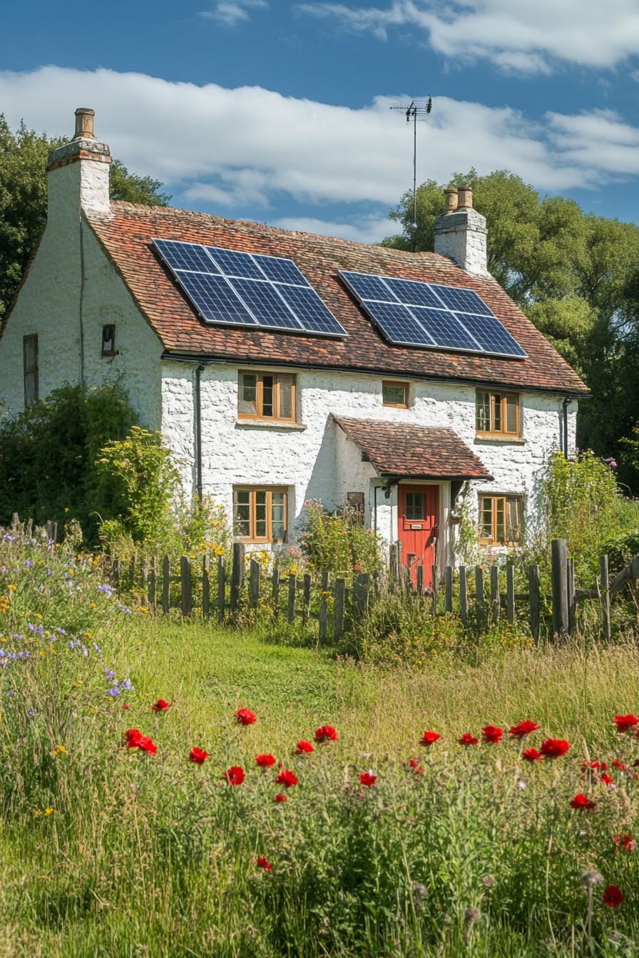 English cottage with gabled roof and solar panels sunny summer fields 3