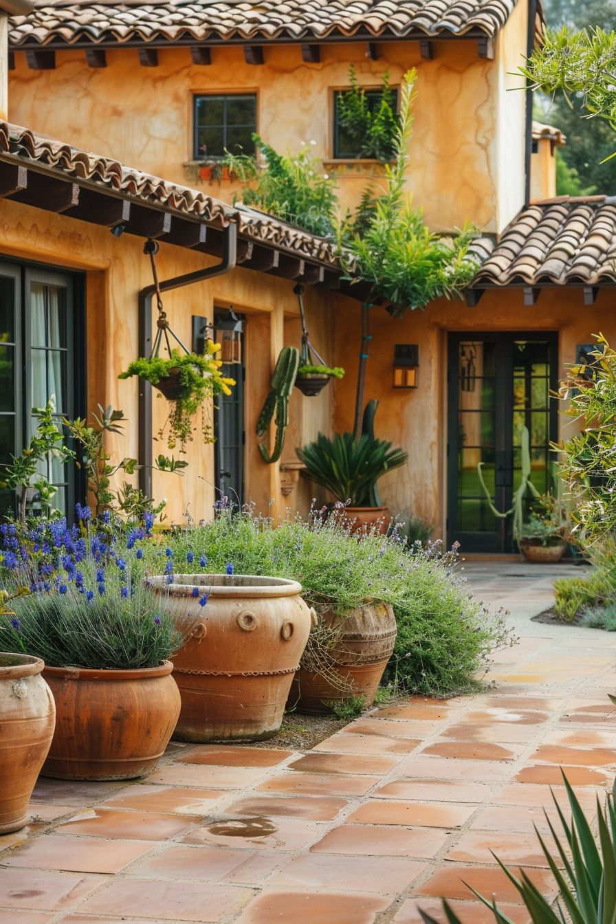 mediterranean house yard large clay pots with flowers