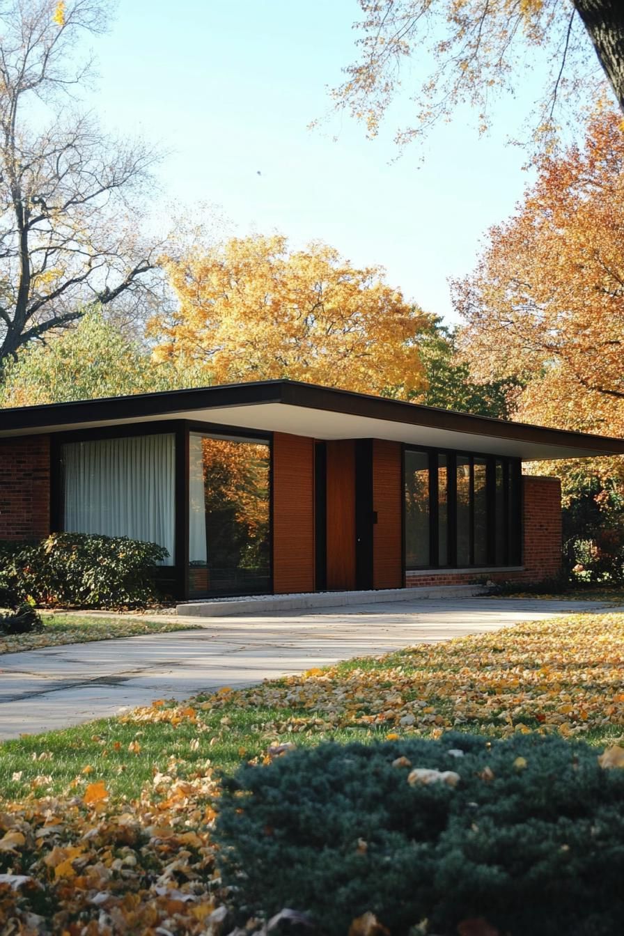 retro style mid century modern house facade with flat roof 3