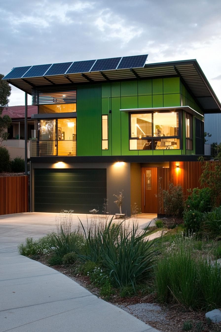 modern house with green color facade with solar panel roof 3