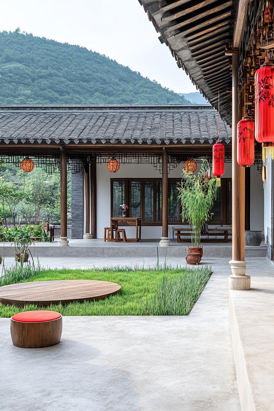 chinese house inner courtyard with concrete decks and a patch of ground in the middle with grass potted plants around the deck columns with red 3