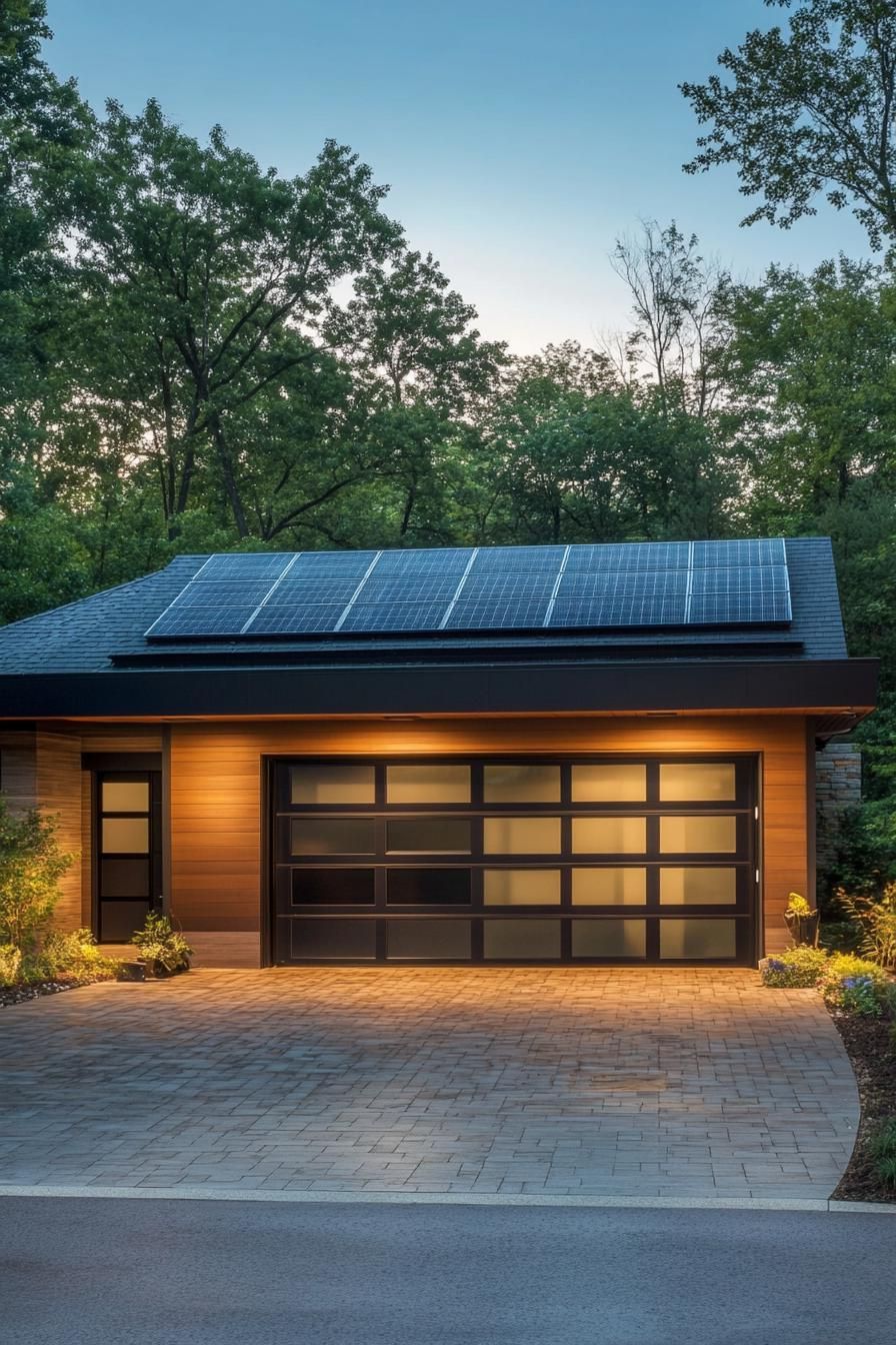 modern garage with solar panel roof separate from house