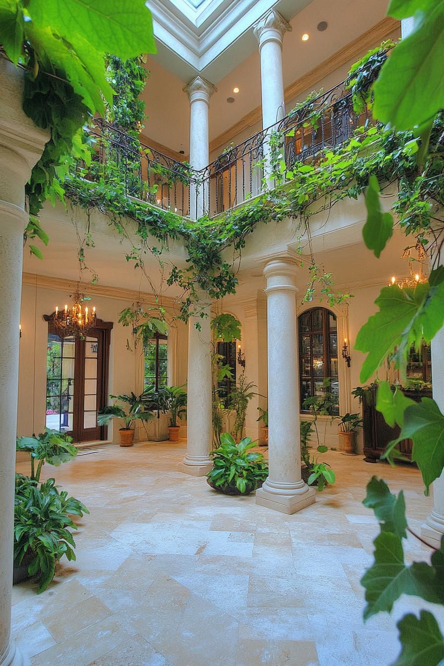 modern mansion house indoor atrium vineyard with columns and lush vines 2
