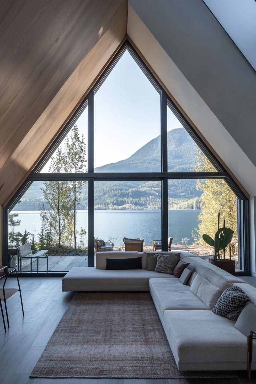 modern a frame house with full wall windows and mountain lake views 2