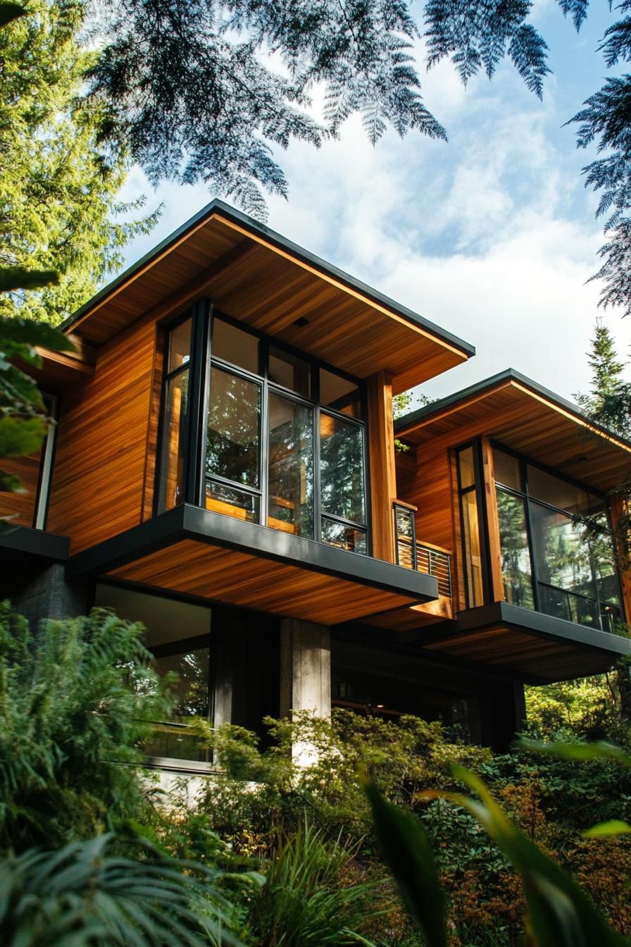 modern timber frame house facade with vertical and horizontal timber