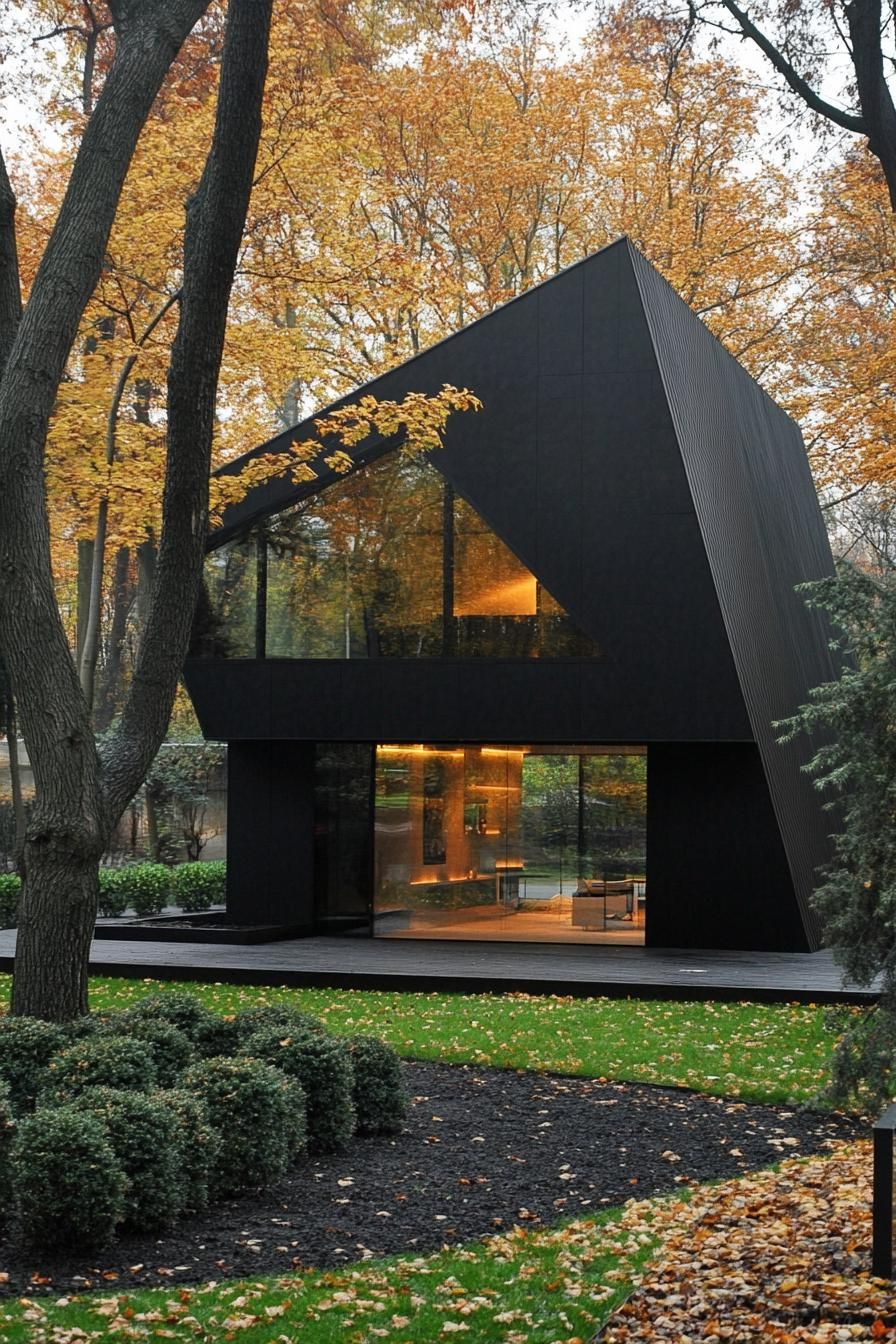 modern house with geometric solid facade shaded around with trees