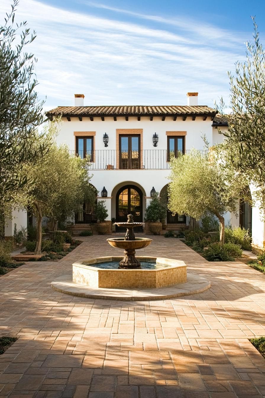 spanish villa courtyard with central fountain and olive trees 3