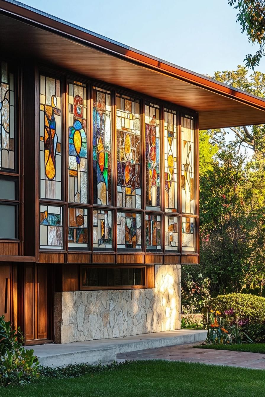 mid century modern and antique style house facade with vintage stained glass mosaics
