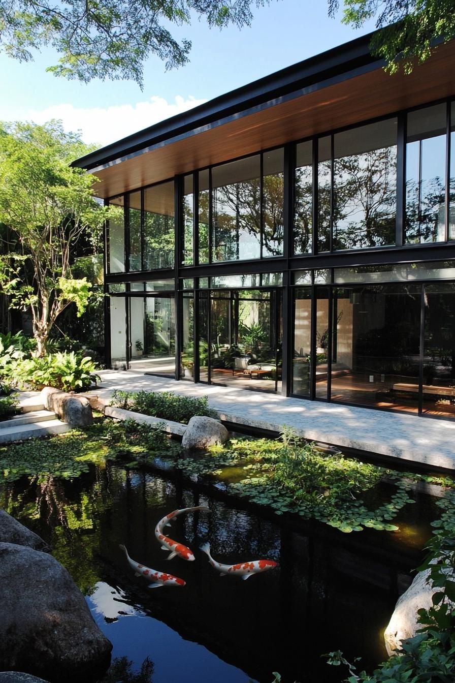 modern glass enclosed house facade facing lush zen garden with koi pond 2
