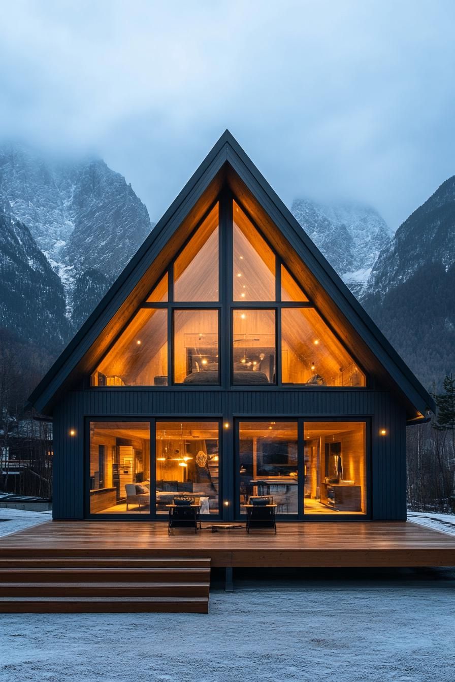 front view of a modern A frame house in midnight blue siding with Scandinavian wood front deck full glass wall illuminated interior Scandinavian 2