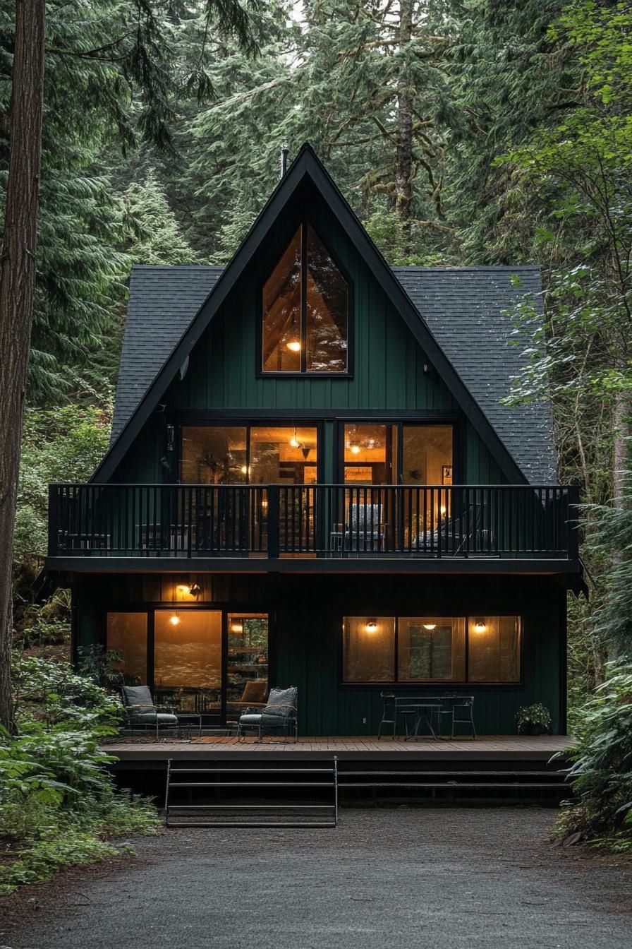 modern deep dark green a frame house with black shingle roof balcony with horizontal slat railing elevated deck at the front of the house same color