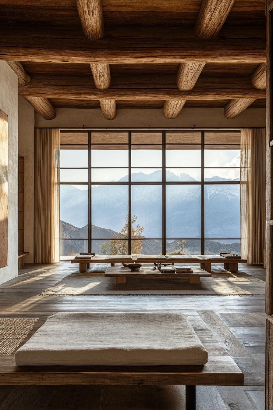 modern zen style home interior with reclaimed wood accents large windows overlooking mountains