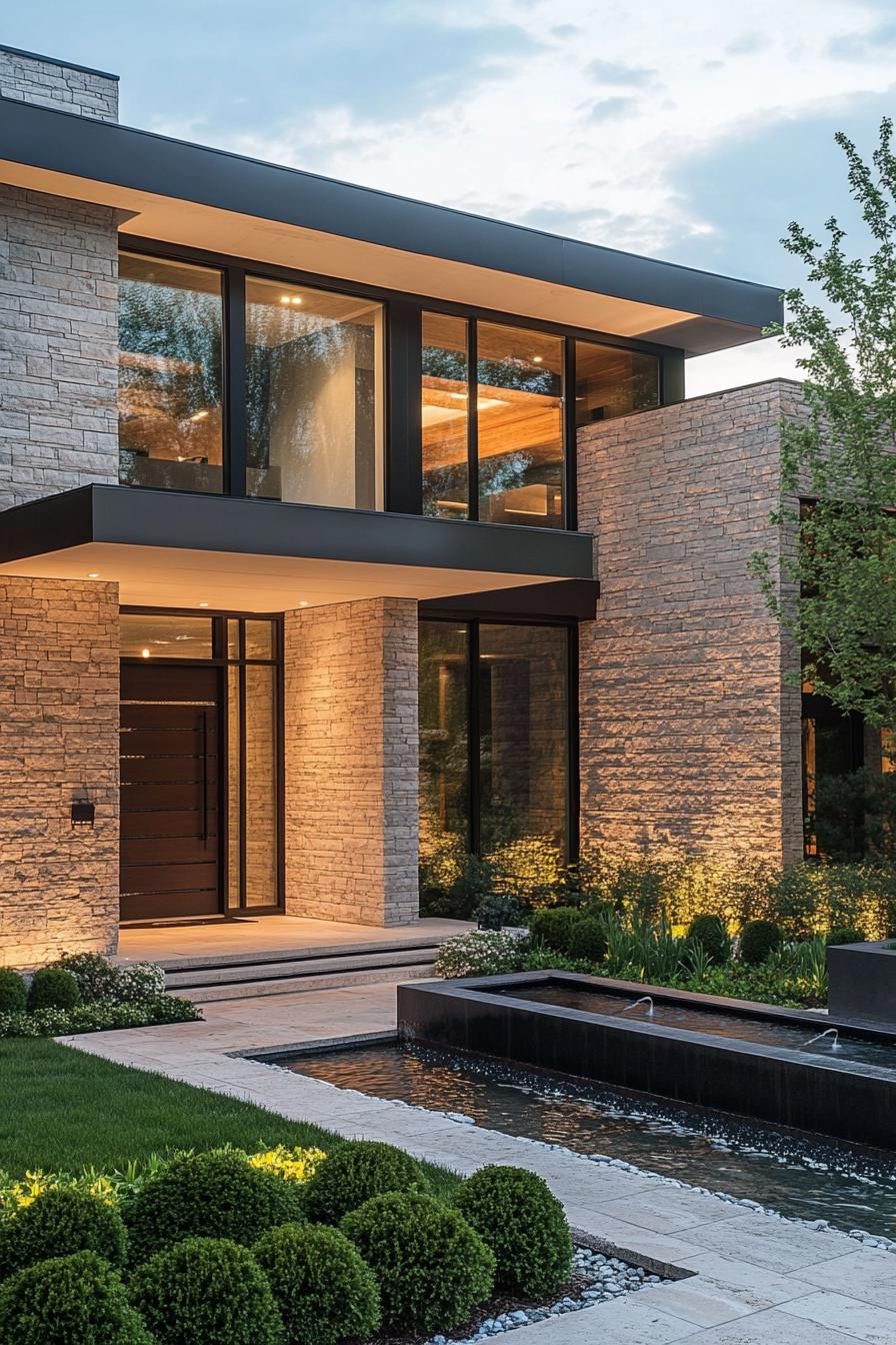 front entrance of a modern minimalist house facade with natural stone cladding the front yard features a zen garden with a fountain