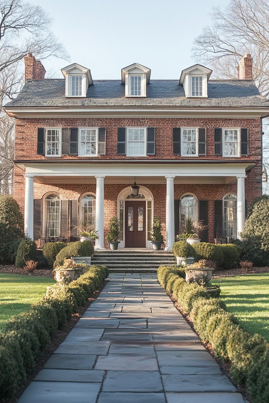 georgian brick house two stories roof gambrels porch columns classic landscape 4