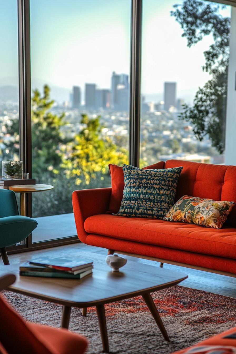 mid century modern house interior with vibrant color upholstery large windows overlook big city skyline 2