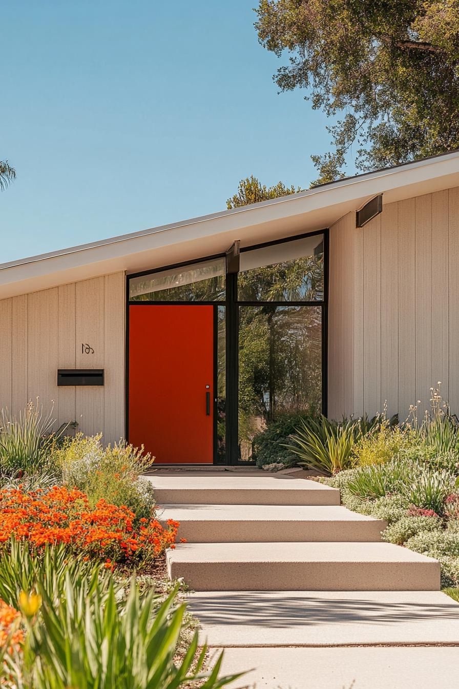 mid century modern 1950s style house facade with minimalist front porch landscape with flowers 3